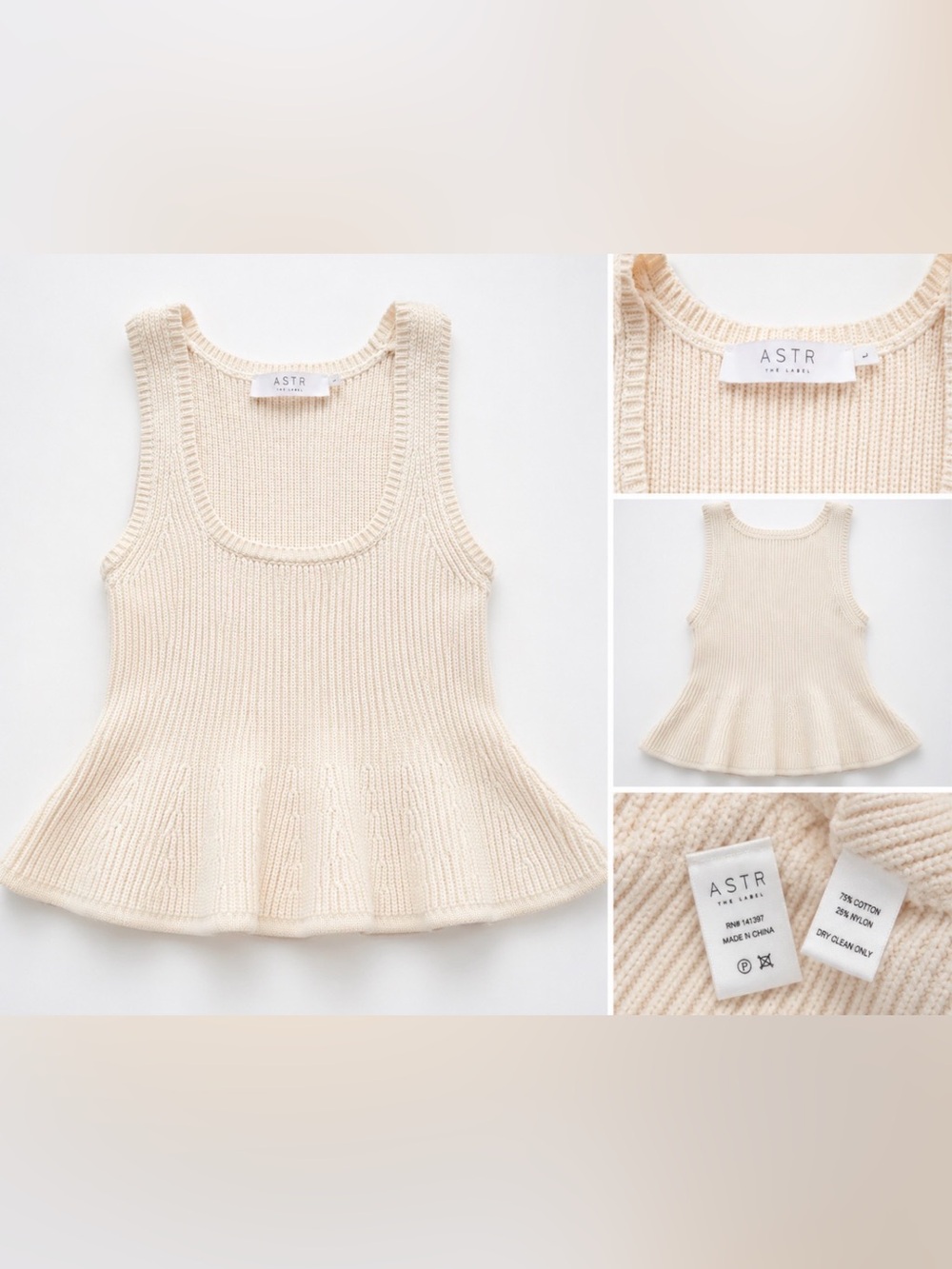 NWOT ASTR The Label Ribbed Knit Peplum Sweater Tank Top Cream Size L